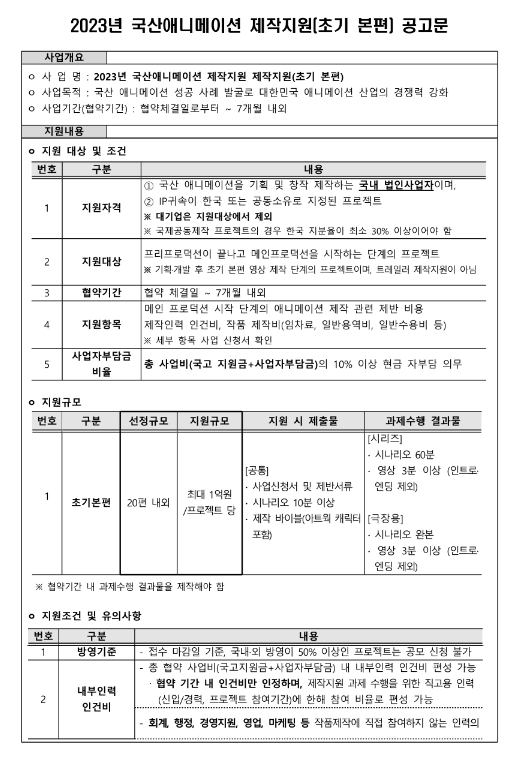 2023년 국산애니메이션 제작(초기 본편) 지원사업 공고