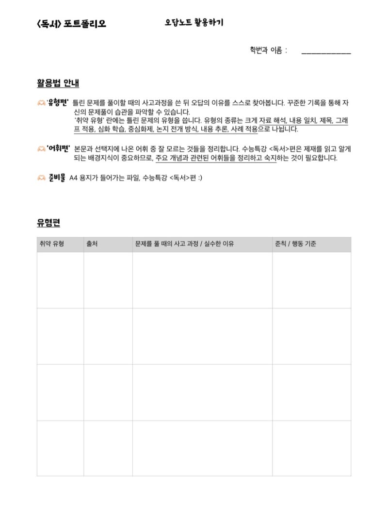 비문학 독서] 포트폴리오 양식 만들기(오답노트) : 네이버 블로그