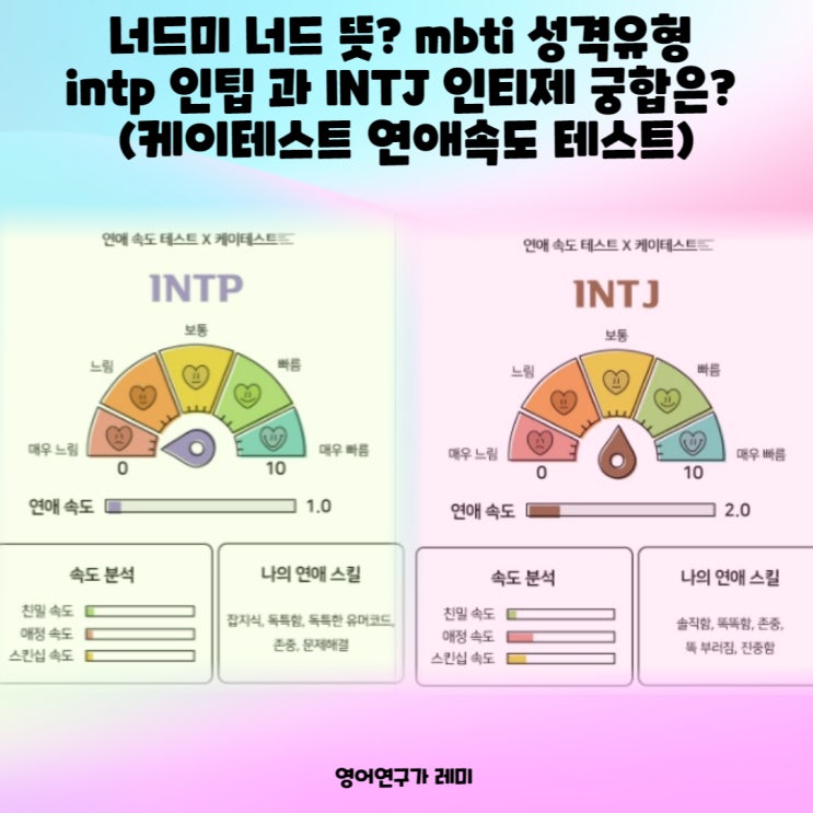 너드미 너드 뜻? mbti 성격유형 intp 인팁 과 INTJ 인티제 궁합은? (케이테스트 연애속도 테스트) 너드미 너드 뜻? mbti 성격유형 intp 인팁 과 INTJ 인티제 궁합은? (케이테스트 연애속도 테스트)