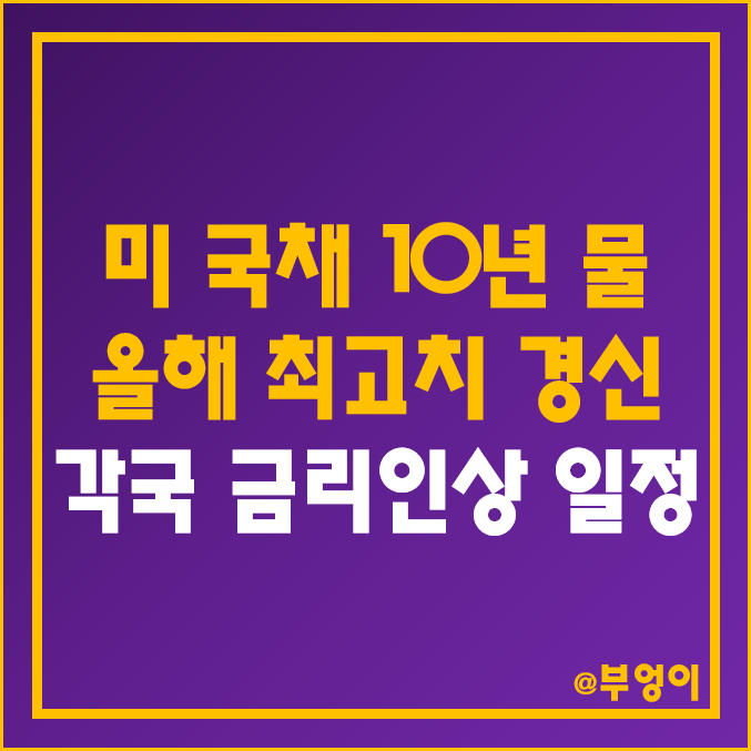 미 국채 10년 물 금리 연중 최고치 - 장단기 금리차 : 중앙은행 기준금리 인상 발표 일정 - 미국 연준 FOMC 회의 빅스텝? (한국은행 금통위, 유럽, 영국, 스위스)