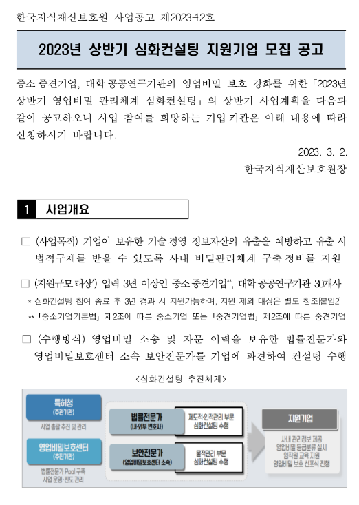 2023년 상반기 영업비밀 관리체계 심화컨설팅 지원기업 모집 공고 2023년 상반기 영업비밀 관리체계 심화컨설팅 지원기업 모집 공고