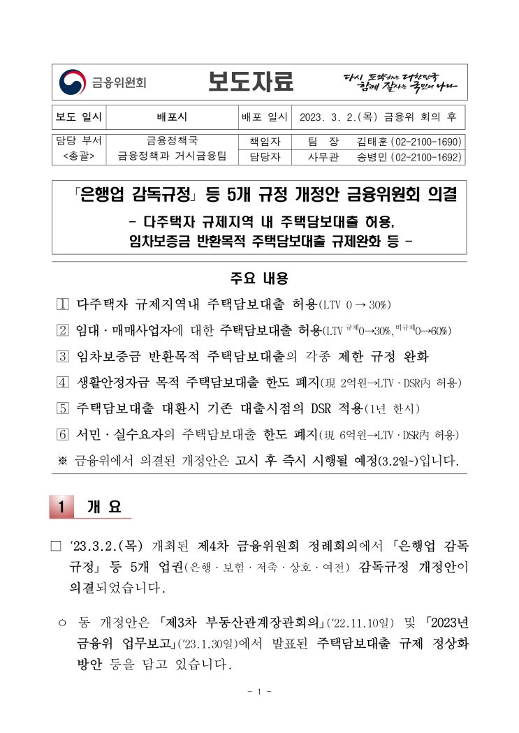 은행업 감독규정 등 5개 규정 개정안 금융위원회 의결