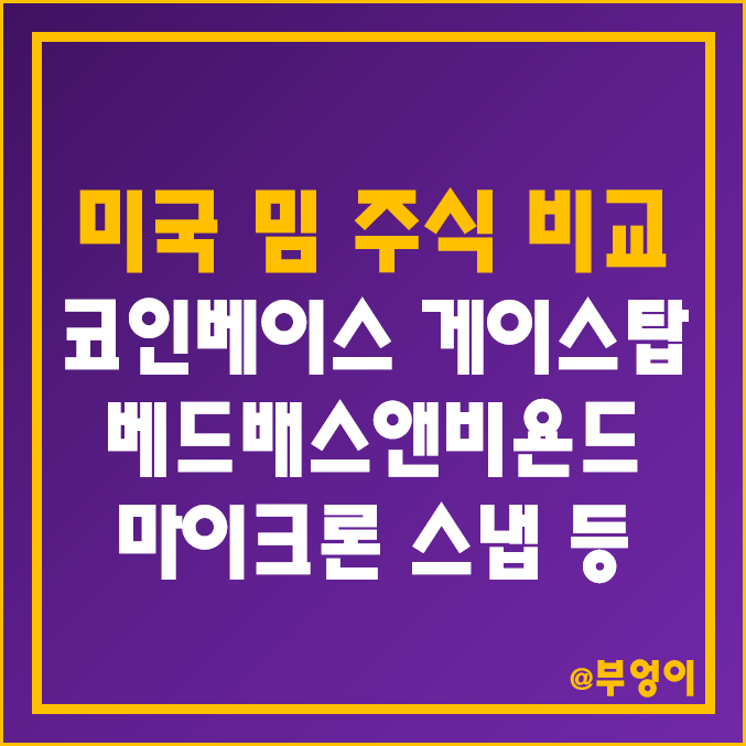 미국 밈 주식 비교 : 코인베이스 COIN AMC 게임스탑 배드배스앤비욘드 마이크론 스냅 로블록스 MEME 기업 주가 배당금 시가총액 PER PBR 매출액 목표가 순위 미국 밈 주식 비교 : 코인베이스 COIN AMC 게임스탑 배드배스앤비욘드 마이크론 스냅 로블록스 MEME 기업 주가 배당금 시가총액 PER PBR 매출액 목표가 순위
