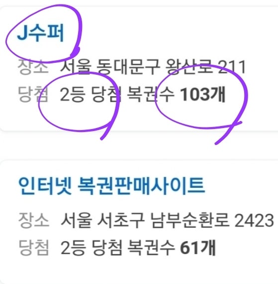 1057회 로또 당첨번호, 동대문구 J슈퍼, J수퍼 2등 103개