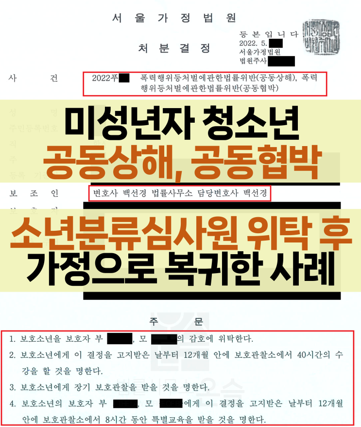  공동상해, 협박 재비행으로 분류심사원 위탁, 소년재판 후 가정으로 복귀