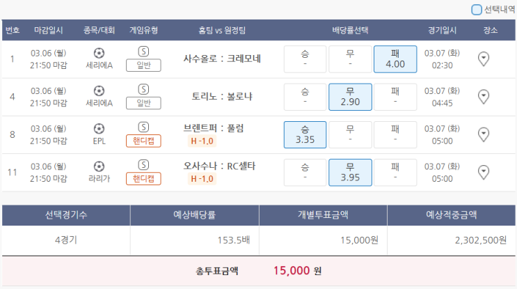  3월6일 세리에A EPL 라리가 축구 스포츠 토토 프로토 승부식 28회차 분석 기록용