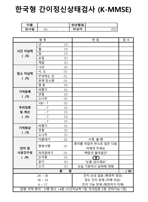 치매 선별검사_ 인지장애가 의심될 때는? 한국형 간이정신상태검사K-MMSE _ 평가지 및 평가 방법 치매 선별검사_ 인지장애가 의심될 때는? 한국형 간이정신상태검사K-MMSE _ 평가지 및 평가 방법