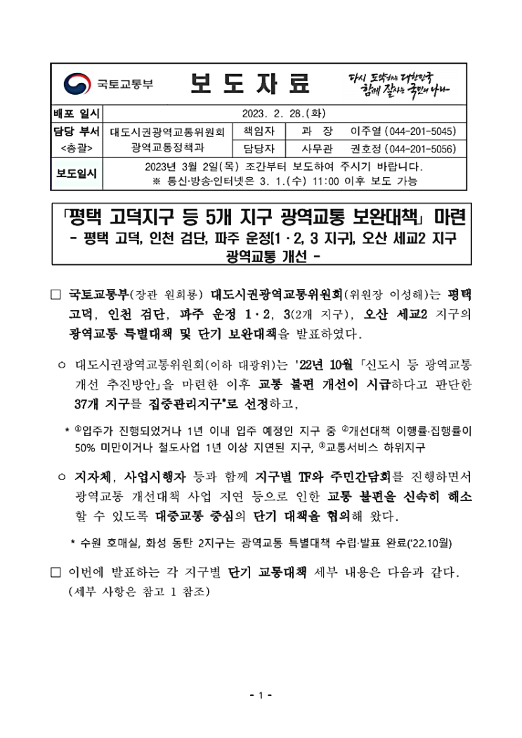 평택 고덕지구 등 5개 지구 광역교통 보완대책 : 평택 고덕, 인천 검단, 파주 운정, 오산 세교2