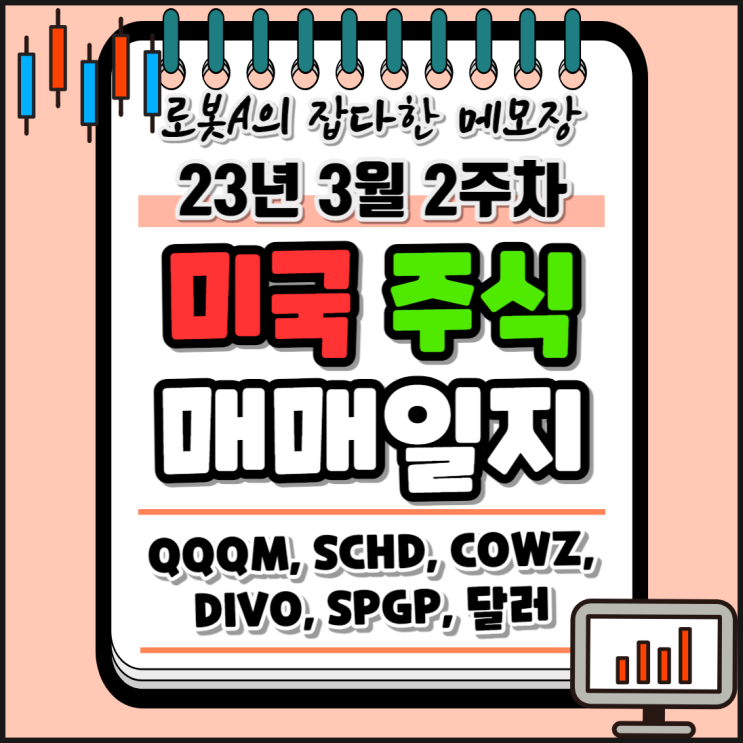  2023년 3월 2주 차 미국 주식 장기투자 매매일지. QQQM, SCHD, DIVO, COWZ, SPGP. 주린이 로봇A