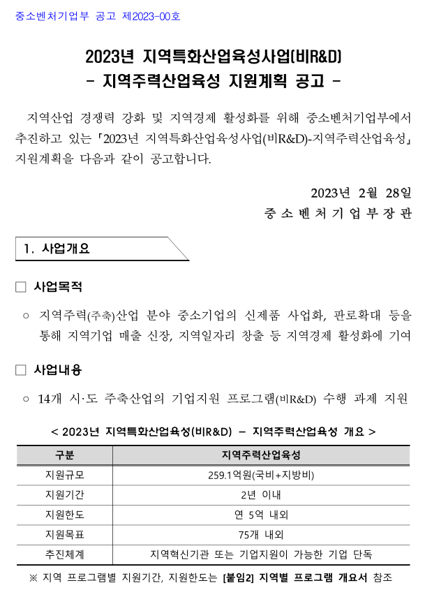 2023년 지역특화산업육성(비R&D) 지역주력산업육성 지원계획 공고