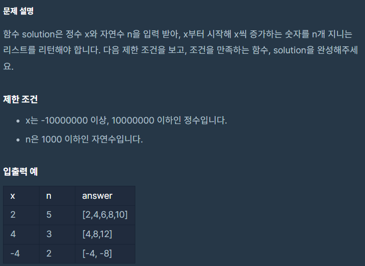  [프로그래머스 파이썬 코딩테스트 1단계]x만큼 간격이 있는 n개의 숫자