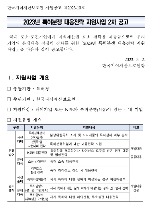 2023년 2차 특허분쟁 대응전략 지원사업 공고 2023년 2차 특허분쟁 대응전략 지원사업 공고