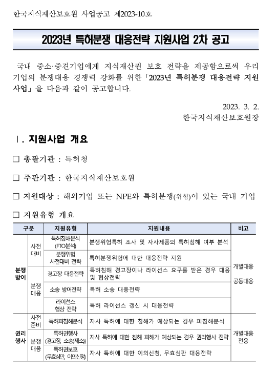 2023년 2차 특허분쟁 대응전략 지원사업 공고