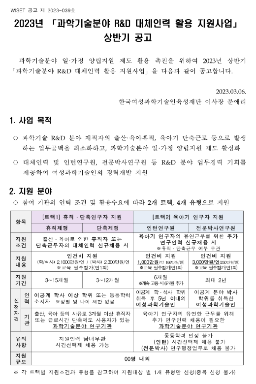 2023년 상반기 과학기술분야 R&D 대체인력 활용 지원사업 공고 2023년 상반기 과학기술분야 R&D 대체인력 활용 지원사업 공고