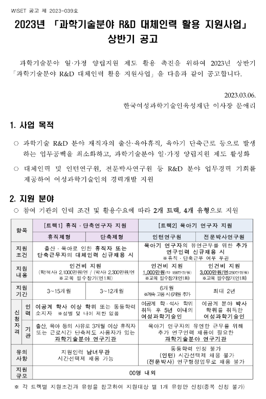 2023년 상반기 과학기술분야 R&D 대체인력 활용 지원사업 공고