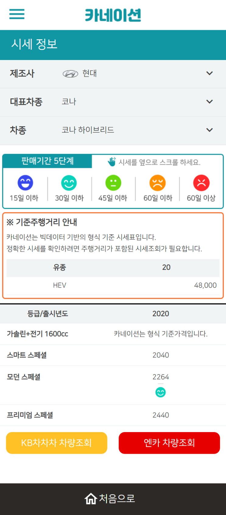 하우머치카 2023년 2월 코나 하이브리드 중고차시세.가격표