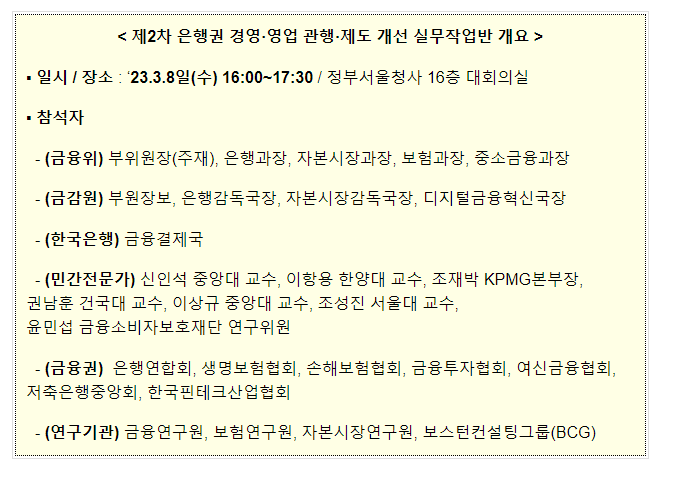 제2차 은행권 경영·영업 관행·제도 개선 실무작업반 논의 결과_금융위원회 제2차 은행권 경영·영업 관행·제도 개선 실무작업반 논의 결과_금융위원회