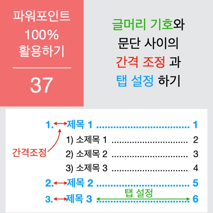 파워포인트 100% 활용하기 37. 글머리 기호 간격 조정 및 탭 설정(목차 만들기) 파워포인트 100% 활용하기 37. 글머리 기호 간격 조정 및 탭 설정(목차 만들기)