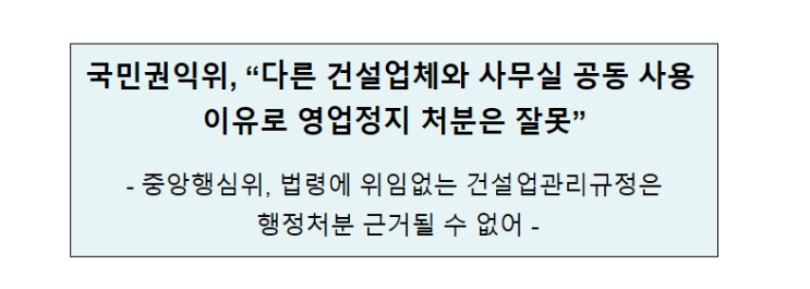 국민권익위, “다른 건설업체와 사무실 공동 사용 이유로 영업정지 처분은 잘못” 국민권익위, “다른 건설업체와 사무실 공동 사용 이유로 영업정지 처분은 잘못”