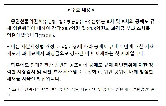 공매도 규제 위반행위에 대한 '과징금' 최초 부과_금융위원회 공매도 규제 위반행위에 대한 '과징금' 최초 부과_금융위원회