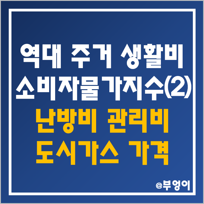 역대 가정 및 주거 생활비 소비자물가지수 월별 추이 (2) : 연도별 한국 지역 난방비, 공동 주택 또는 아파트 관리비, 도시가스 가격 상승률