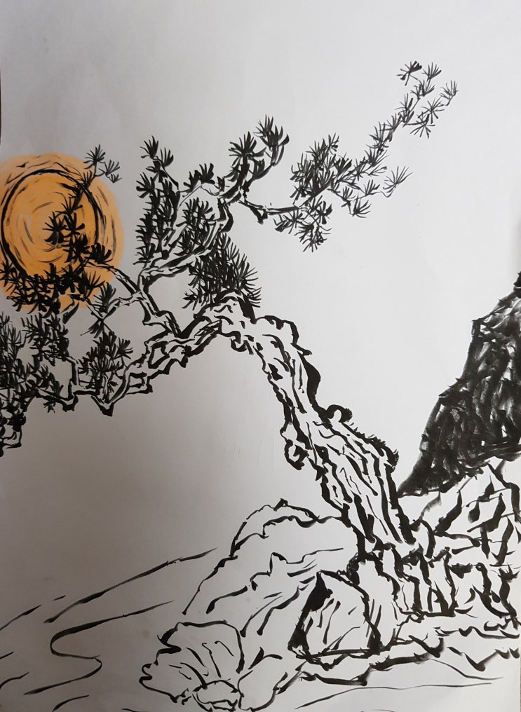  동양화 그림 수묵담채화 소나무, 대나무 연습