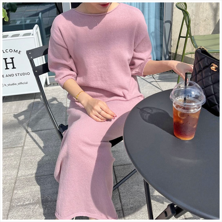  여성 롱 니트원피스 5부 소매 봄 나들이룩 마실룩