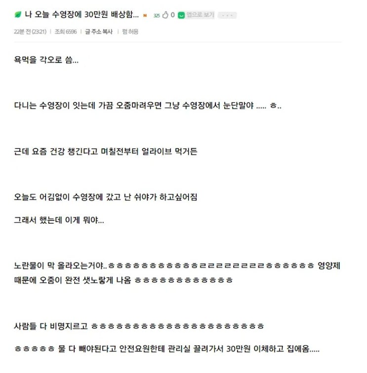  더러움 레전드 썰 수영장에서 오줌 싼거 걸려서 배상해줬다는 여초 사이트 인스티즈 어느 한녀
