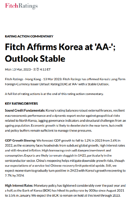 국제신용평가사 피치(Fitch), 우리나라 국가신용등급 "AA-, 안정적" 유지 국제신용평가사 피치(Fitch), 우리나라 국가신용등급 "AA-, 안정적" 유지