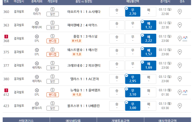 프로토 3/12일 일요일 경기 적중