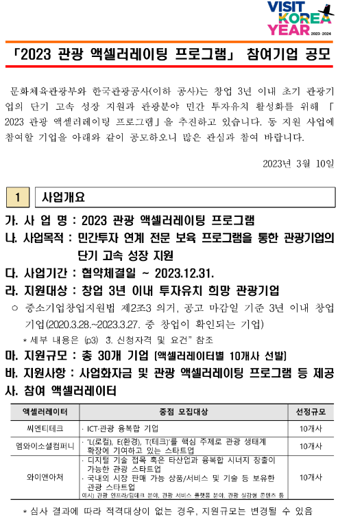 2023년 관광 액셀러레이팅 프로그램 참여기업 공모