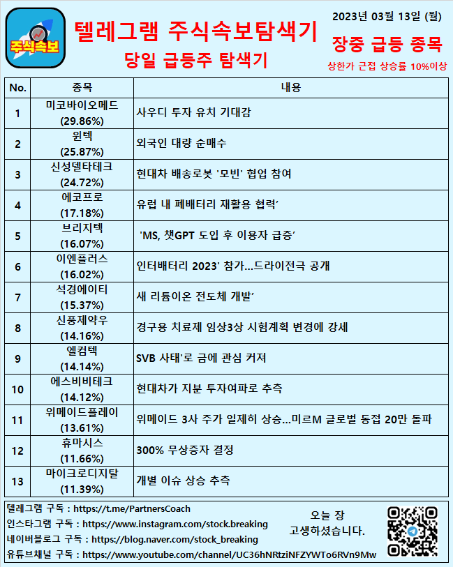  2023년 03월 13일 (월) 장중 급등종목
