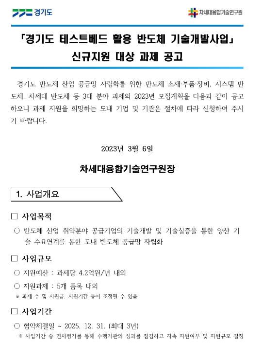 [경기] 테스트베드 활용 반도체 기술개발사업 신규지원 대상 과제 공고