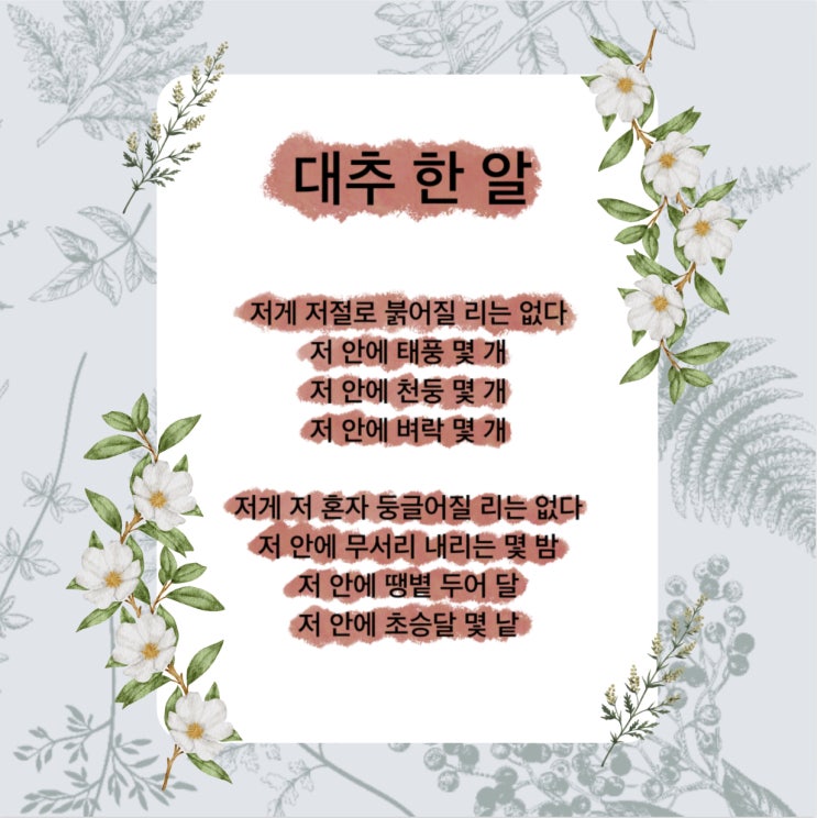 대추 한 알 시 자연이 담긴 시가 보고 싶을 때 추천하는 시 (ft. 저게 저절로 붉어질 리는 없다, 장석주 지음 ) 대추 한 알 시 자연이 담긴 시가 보고 싶을 때 추천하는 시 (ft. 저게 저절로 붉어질 리는 없다, 장석주 지음 )