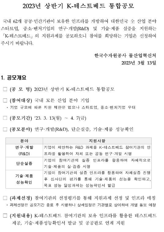 2023년 상반기 K-테스트베드 통합 공모 2023년 상반기 K-테스트베드 통합 공모