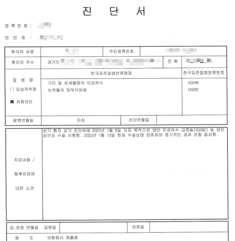 안검하수 수술 보험금청구후기