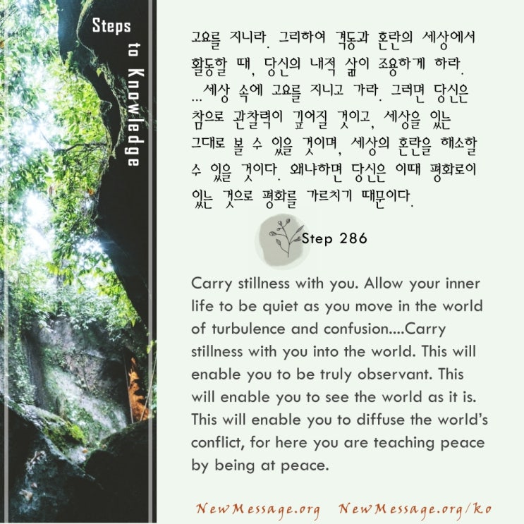 제 286 계단 : 나는 오늘 세상 속에 고요를 지니고 간다 I carry stillness into the world with me today. 제 286 계단 : 나는 오늘 세상 속에 고요를 지니고 간다 I carry stillness into the world with me today.