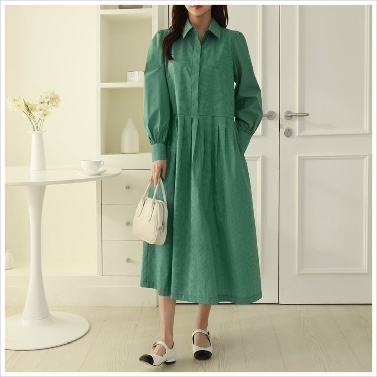  스트라이프 셔츠 롱 원피스 루즈핏 플리츠 원피스 반단작 국내생산 봄 원피스