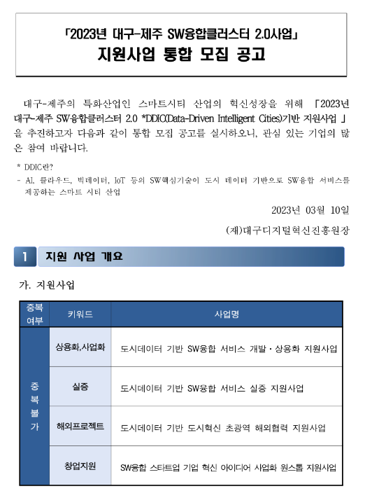 [대구ㆍ제주] 2023년 SW융합클러스터 2.0 지원사업 통합 모집 공고
