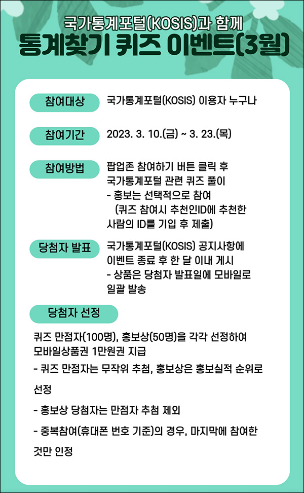 국가통계포털 퀴즈이벤트(상품권 1만원 100명)추첨 국가통계포털 퀴즈이벤트(상품권 1만원 100명)추첨