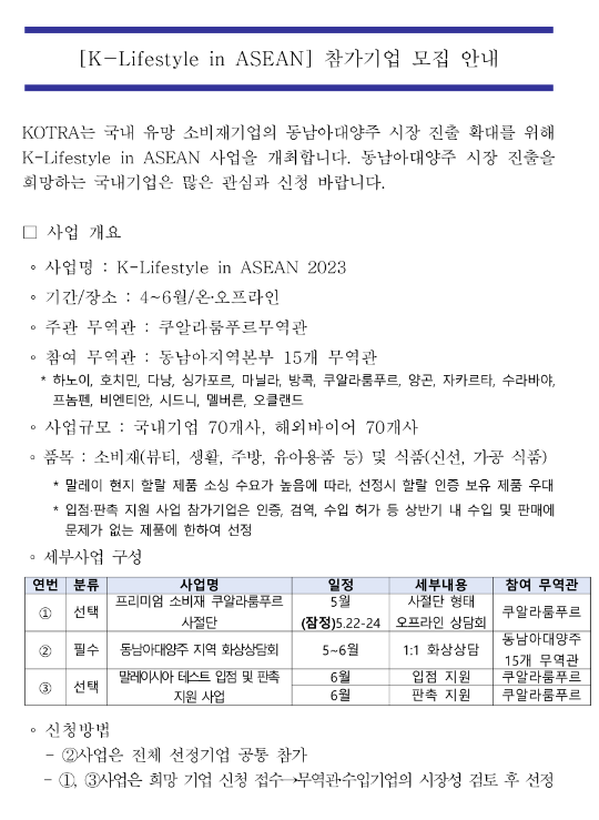 2023년 K-Lifestyle in ASEAN 참가기업(소비재ㆍ식품) 모집 공고