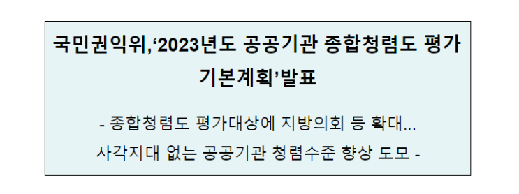 국민권익위,‘2023년도 공공기관 종합청렴도 평가 기본계획’발표 국민권익위,‘2023년도 공공기관 종합청렴도 평가 기본계획’발표