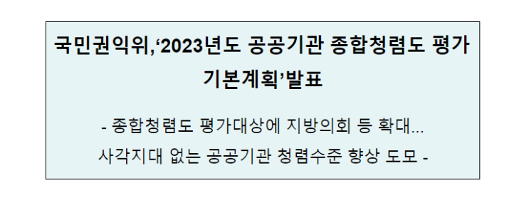 국민권익위,‘2023년도 공공기관 종합청렴도 평가 기본계획’발표