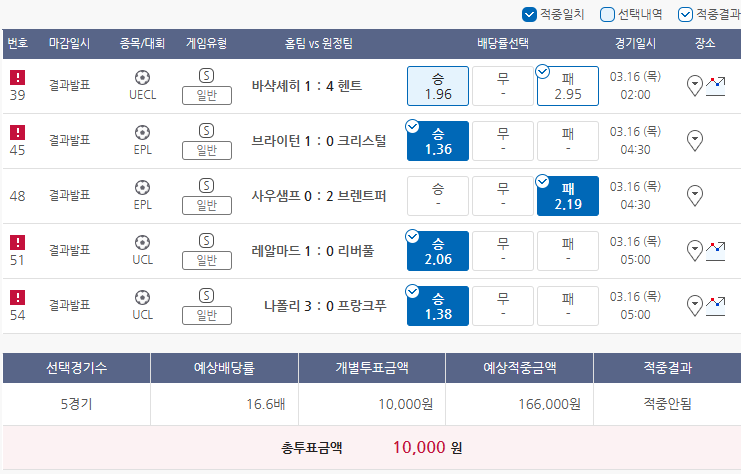  3월15일 UECL EPL UCL 축구 스포츠 토토 프로토 승부식 31회차 분석 기록용