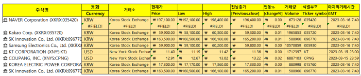  엑셀 팁 - 엑셀을 이용하여  주가 및 주식정보 불러오기