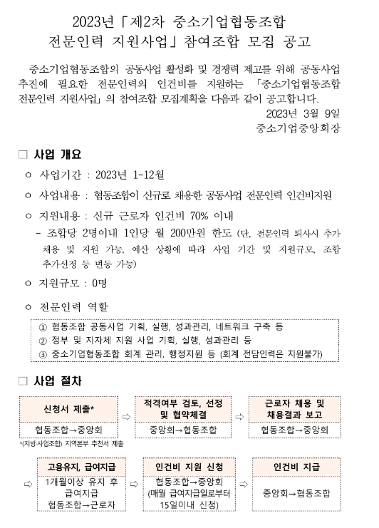 2023년 2차 중소기업협동조합 전문인력 지원사업 참여조합 모집 공고 2023년 2차 중소기업협동조합 전문인력 지원사업 참여조합 모집 공고