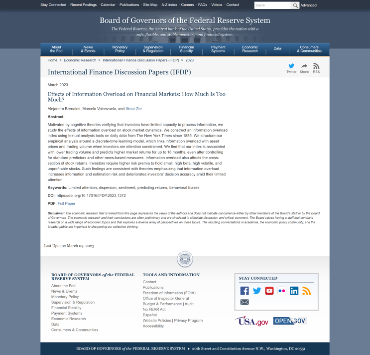 [논문 초록 읽기] Effects of Information Overload on Financial Markets: How Much Is Too Much?(from FRB)