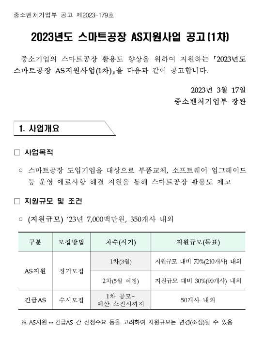 2023년 스마트공장 AS 지원사업 공고(1차) 2023년 스마트공장 AS 지원사업 공고(1차)