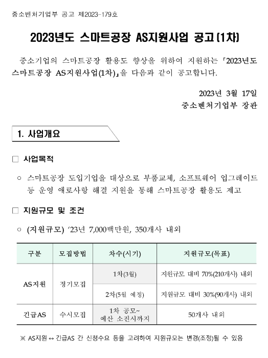 2023년 스마트공장 AS 지원사업 공고(1차) 2023년 스마트공장 AS 지원사업 공고(1차)