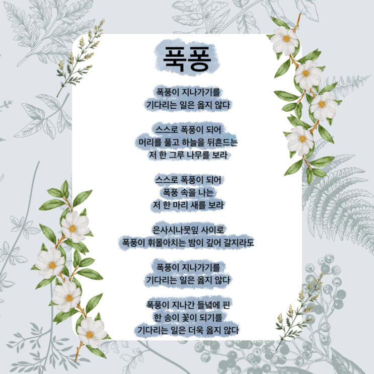 폭풍 시 어떤 일에 두려움을 느껴 강해지고 싶을 때 추천하는 시 (ft. 새벽편지, 정호승 지음) 폭풍 시 어떤 일에 두려움을 느껴 강해지고 싶을 때 추천하는 시 (ft. 새벽편지, 정호승 지음)